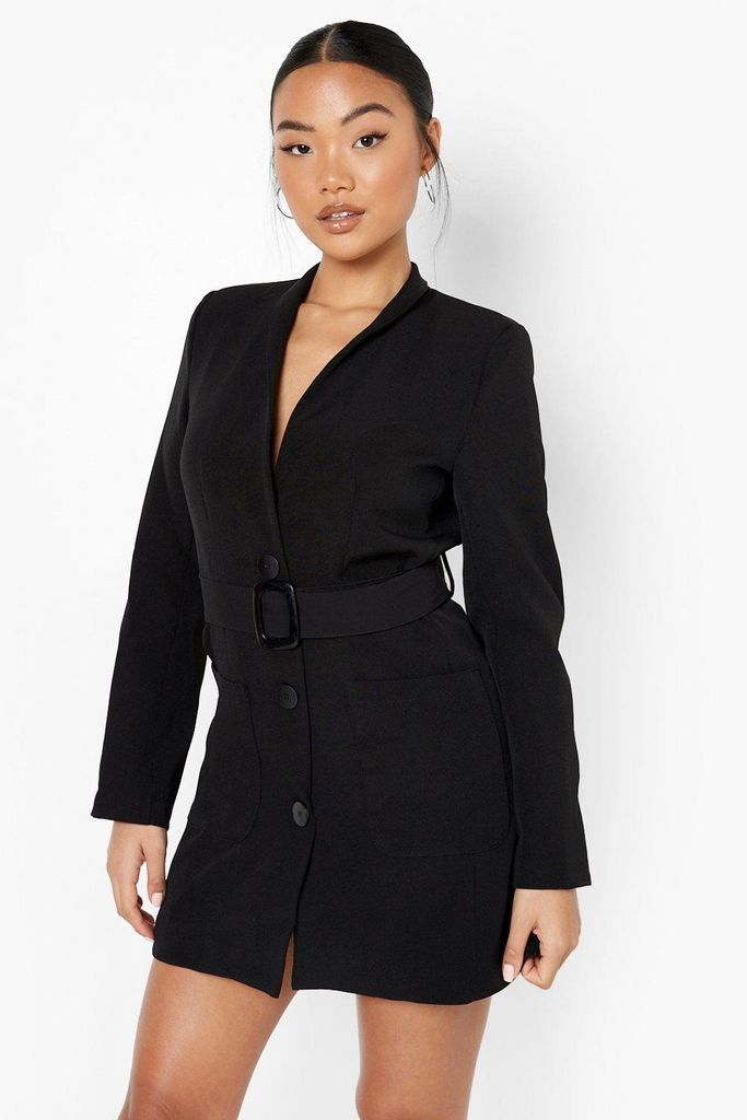 Womens Petite Belted Pocket Detail Blazer Dress - Black - 14, Black