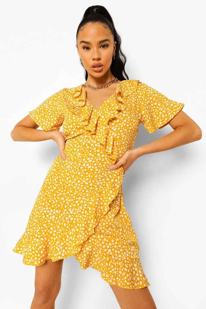 Womens Dalmatian Print Ruffle Tea Dress - Yellow - 8, Yellow