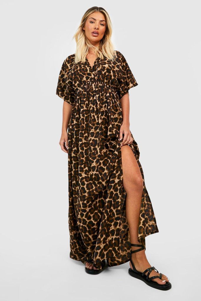 Womens Leopard Plunge Side Split Maxi Dress - Brown - 8, Brown