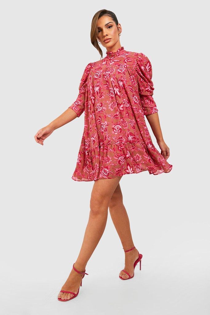 Womens Printed Puff Sleeve Ruffle Neck Smock Dress - Pink - 8, Pink