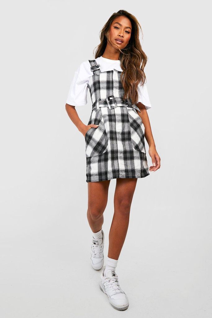 Womens Checked Buckle Detail Pinafore Dress - Black - 10, Black