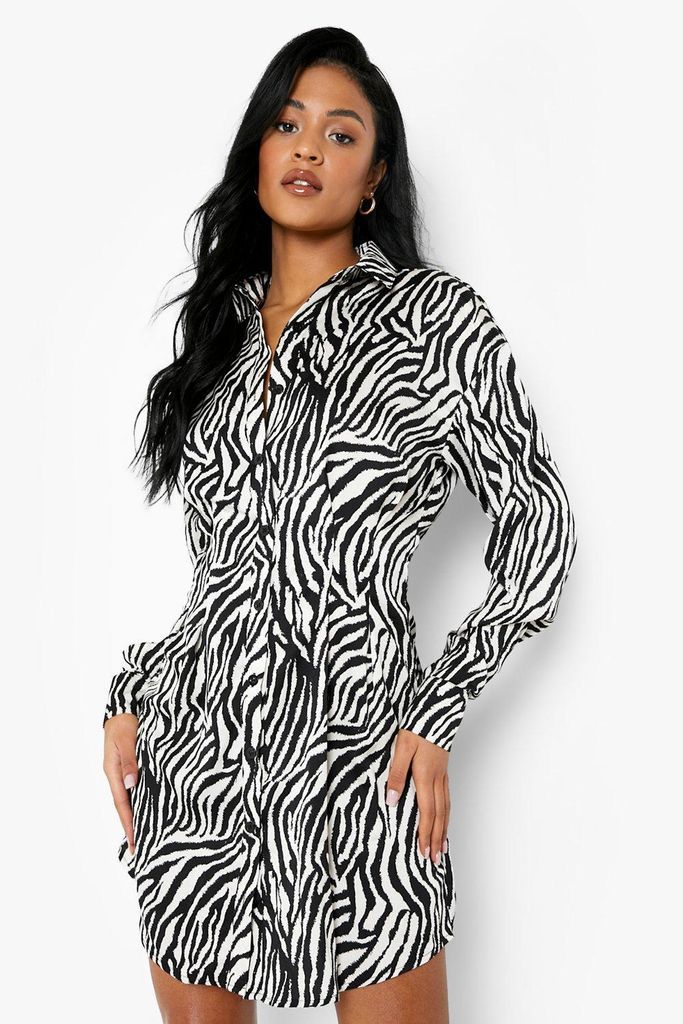Womens Tall Zebra Print Cinched In Waist Shirt Dress - Black - 8, Black