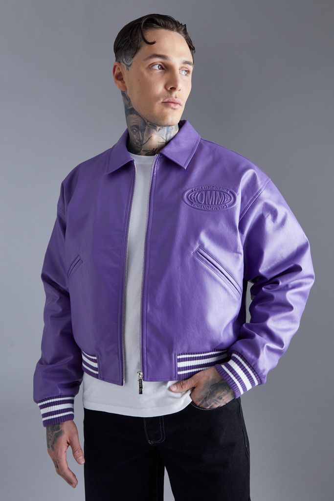Men's Boxy Embossed Pu Varsity Jacket - Purple - L, Purple