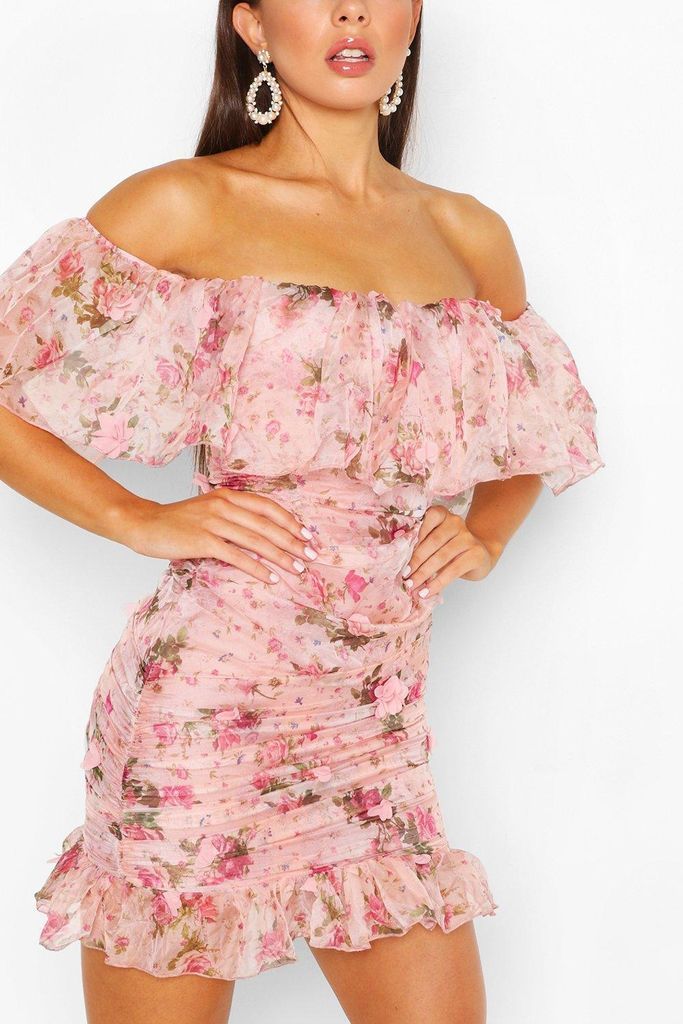 Womens Floral Chiffon Bardot Mini Dress - Pink - L, Pink