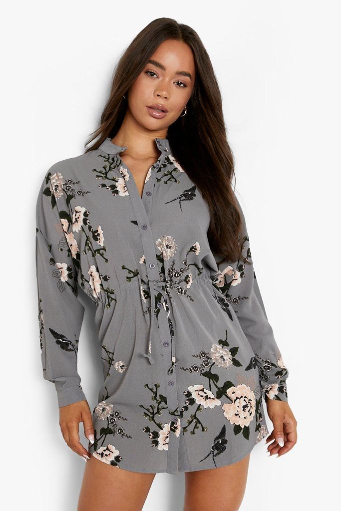Womens Floral Shirt Dress - Grey - 8, Grey