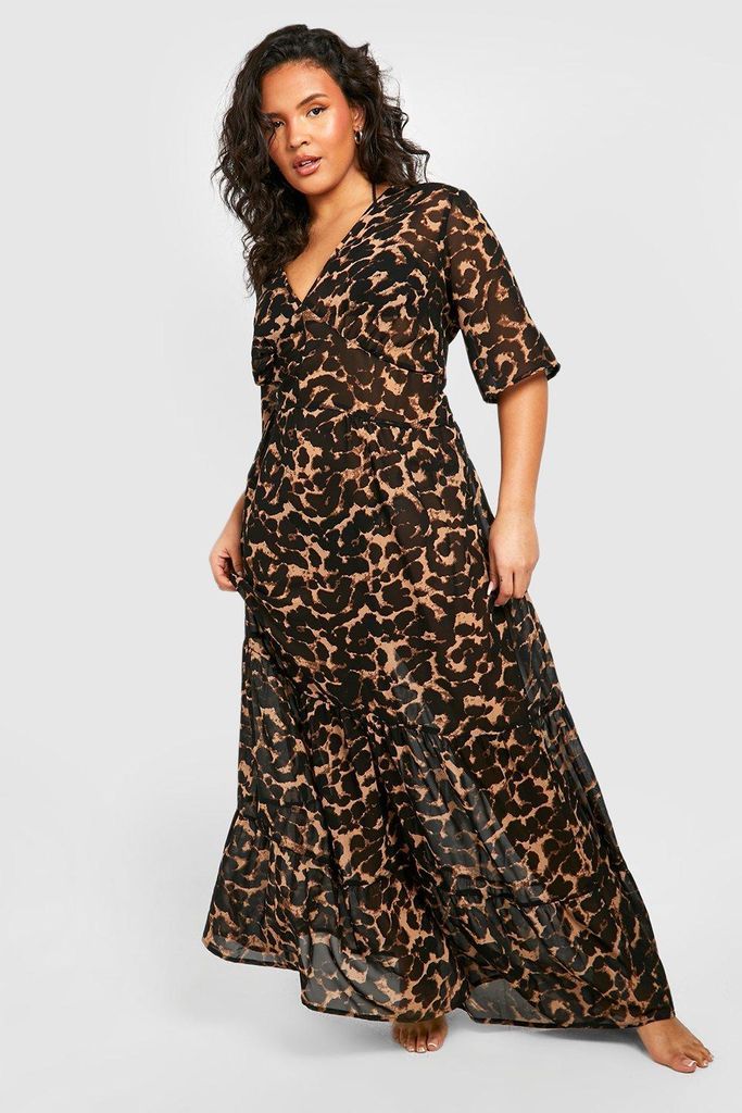 Womens Plus Leopard Ruffle Beach Midi Dress - Brown - 16, Brown