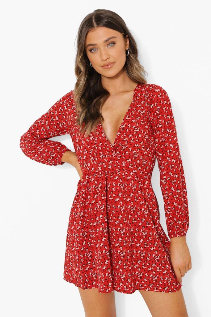 Womens Ditsy Floral Wrap Front Smock Dress - Red - 10, Red