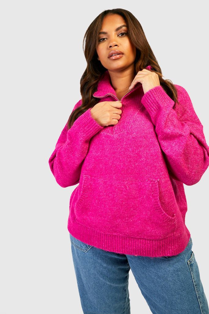 Womens Plus Zip Collared Polo Jumper - Pink - 16, Pink