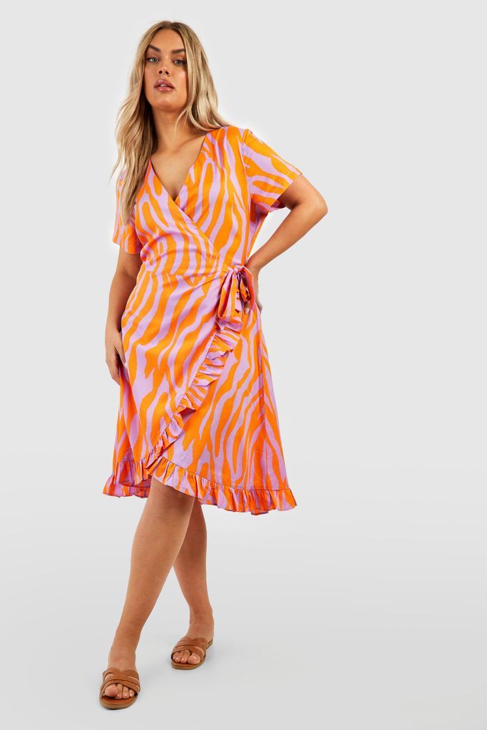 Womens Plus Tiger Print Wrap Midi Dress - Orange - 16, Orange