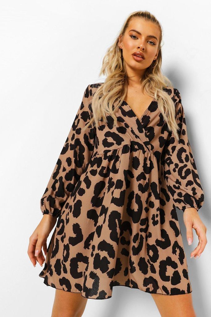 Womens Leopard Wrap Front Smock Dress - Brown - 8, Brown