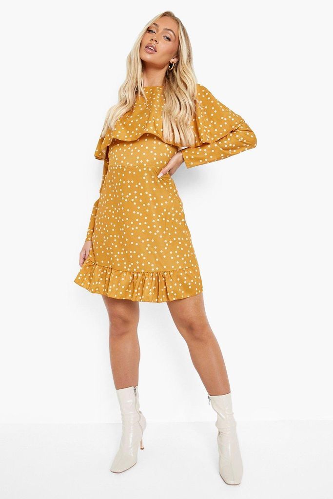 Womens Polka Dot Flared Sleeve Skater Dress - Yellow - 8, Yellow