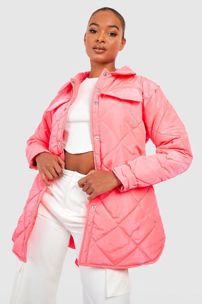 Womens Tall Diamond Quilted Belted Shacket - Pink - 8, Pink