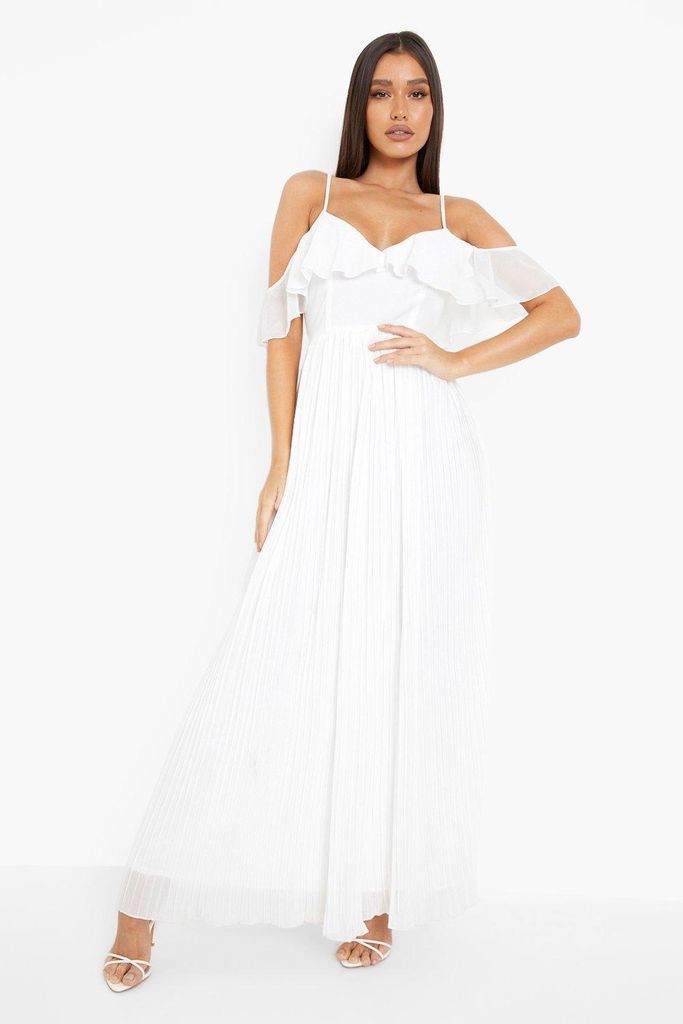 Womens Cold Shoulder Ruffle Maxi Bridesmaid Dress - White - 12, White