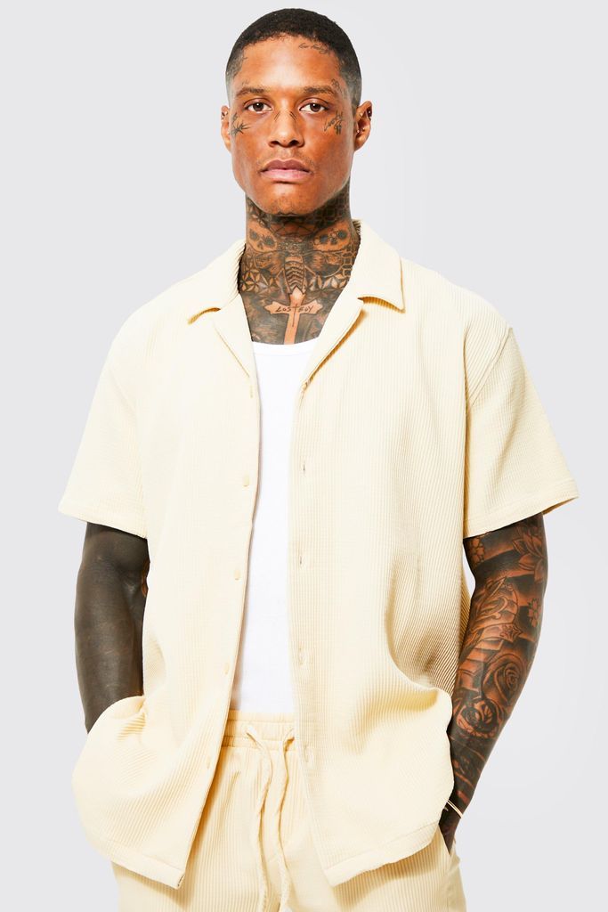 Men's Short Sleeve Revere Oversized Pleated Shirt - Beige - S, Beige