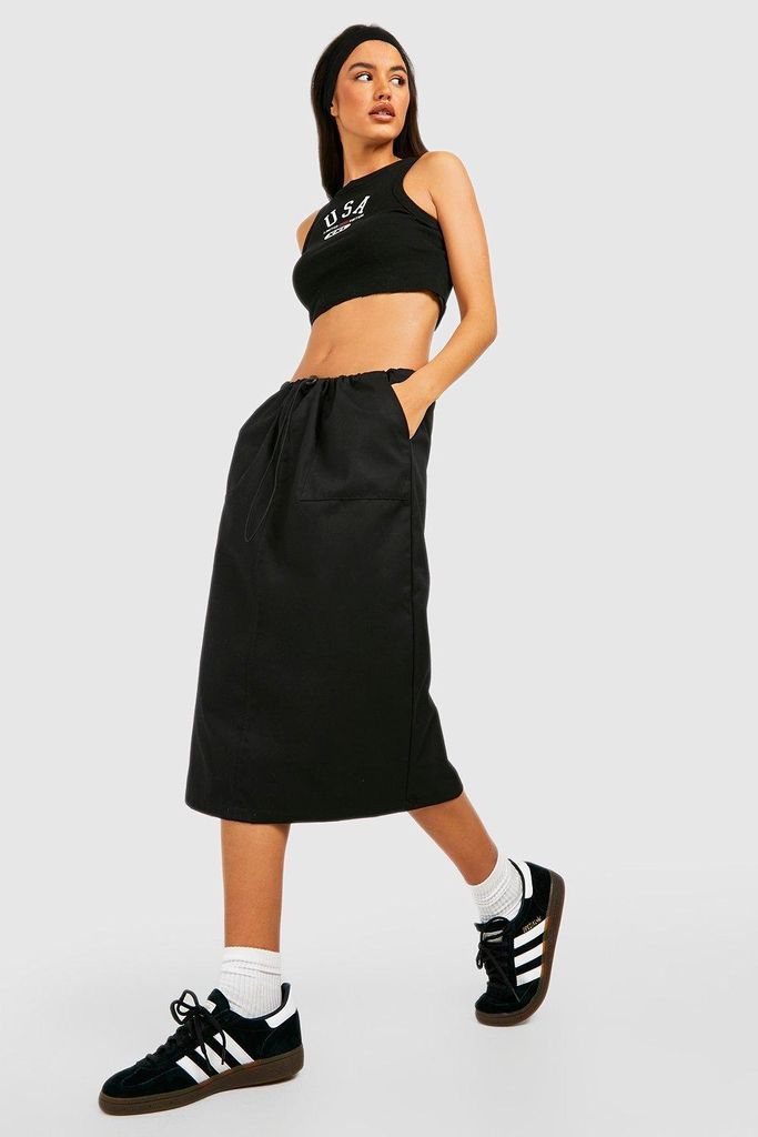 Womens Drawcord High Waisted Cargo Midi Skirt - Black - 6, Black