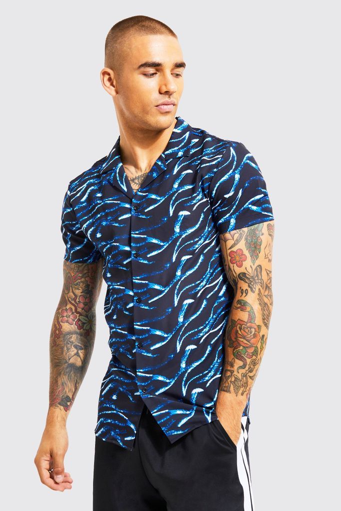 Men's Short Sleeve Abstract Muscle Fit Shirt - Navy - M, Navy