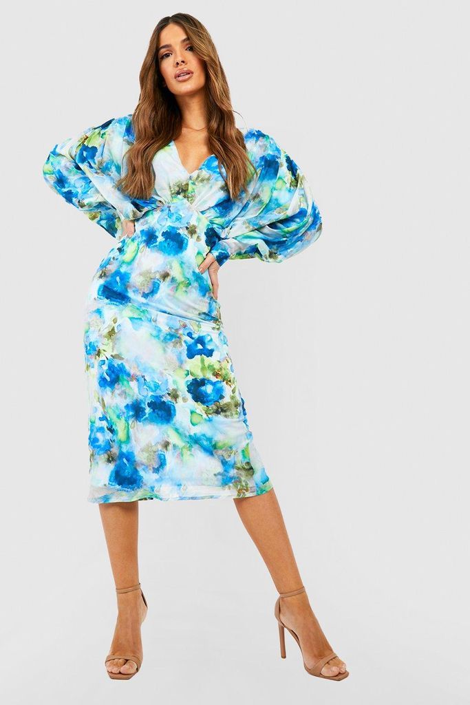Womens Floral Chiffon Blouson Sleeve Midi Dress - Blue - 8, Blue
