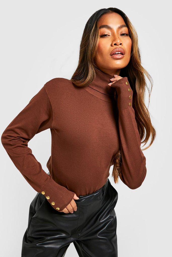 Womens Roll Neck Knitted Jumper With Buttons - Brown - S, Brown