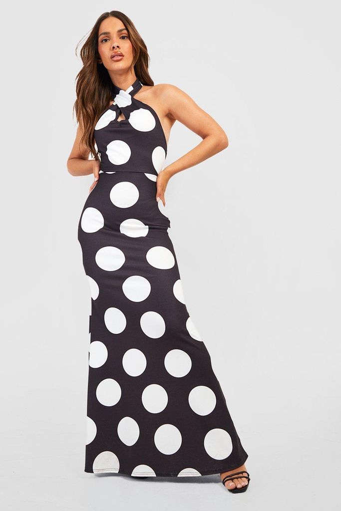 Womens Polka Dot Halterneck Maxi Dress - Black - 8, Black