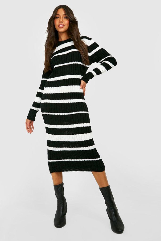 Womens Stripe Knitted Midi Dress - Black - S, Black