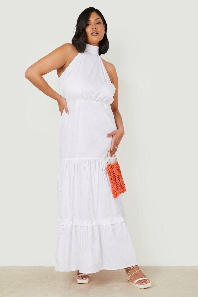 Womens Plus Cotton Tiered High Neck Maxi Dress - White - 26, White