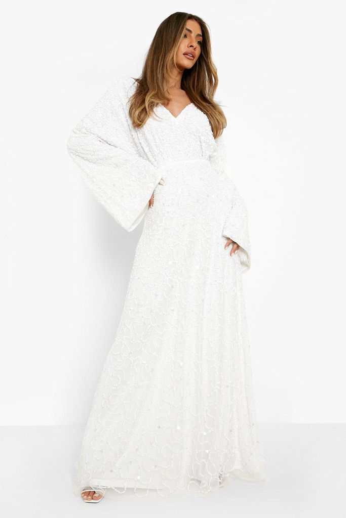 Womens Bridesmaid Hand Embellished Flare Sleeve Maxi - White - 8, White