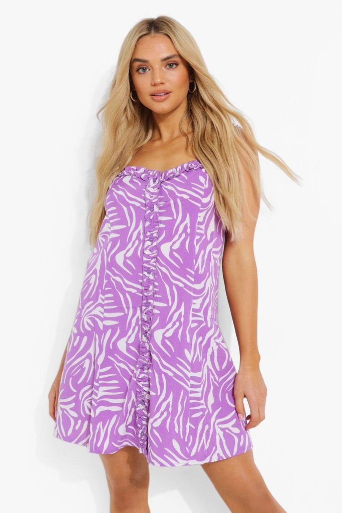 Womens Zebra Print Ruffle Detail Swing Dress - Purple - 8, Purple