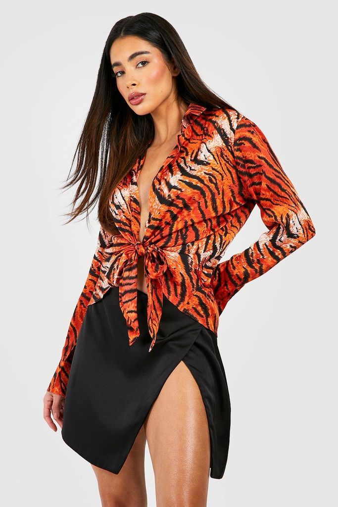 Womens Tie Front Tiger Print Shirt - Orange - 8, Orange
