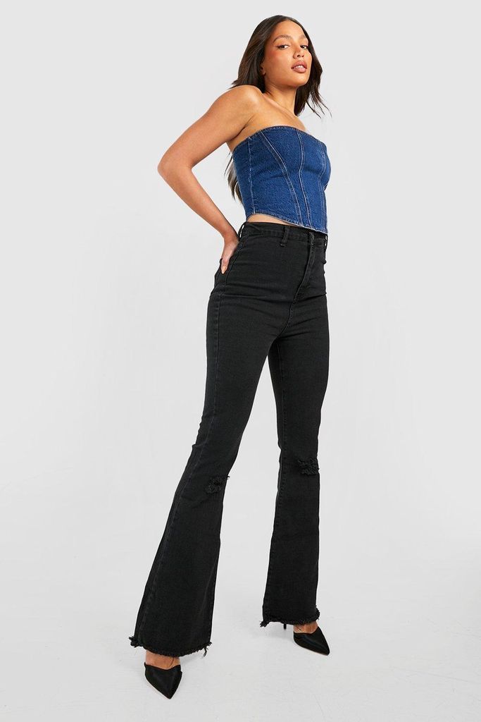 Womens Tall High Waist Ripped Stretch Flare Jeans - Black - 6, Black