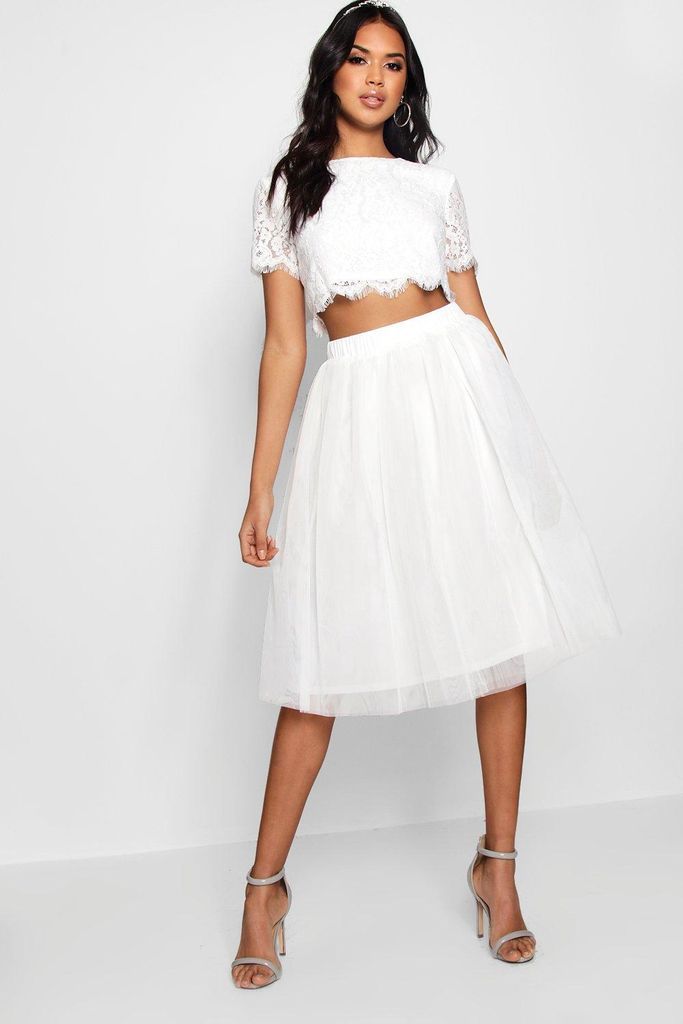 Womens Woven Lace Top & Tulle Midi Skirt - White - 6, White