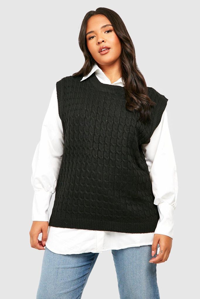 Womens Plus Cable Knit 2 In 1 Puff Sleeve Shirt - Black - 16-18, Black