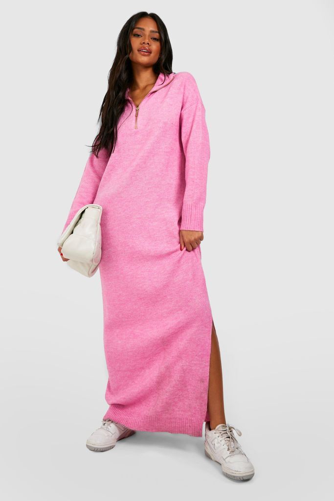 Womens Half Zip Polo Collar Knitted Maxi Dress - Pink - 12, Pink