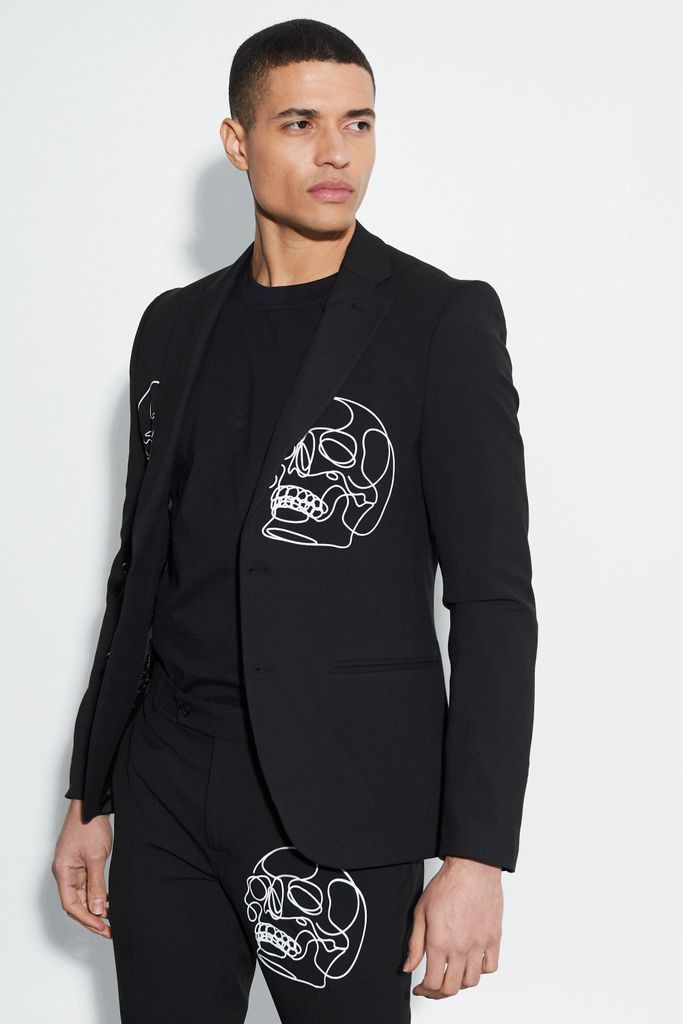 Men's Skinny Single Breasted Skull Print Suit Jacket - Black - 36, Black
