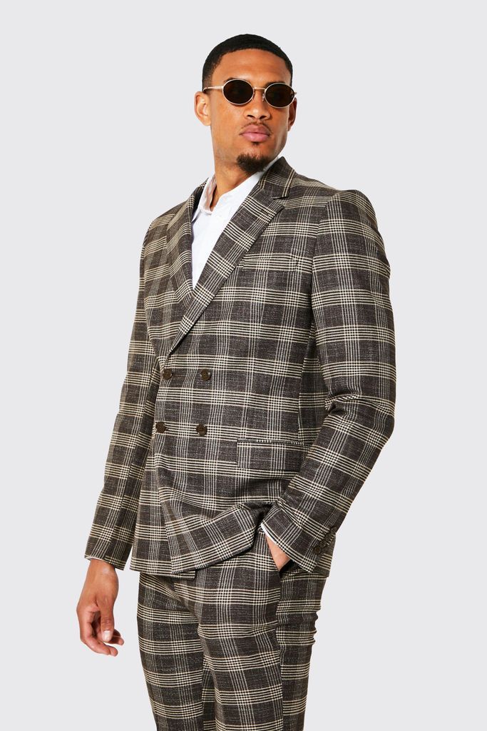Men's Tall Double Breasted Slim Check Suit Jacket - Brown - 36, Brown