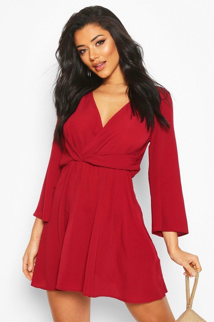 Womens Tie Detail Flared Sleeve Skater Dress - 14, Red