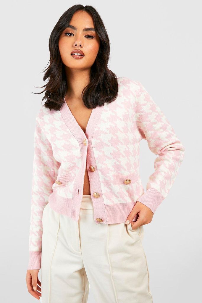 Womens Dogtooth Button Through Cardigan - Pink - S, Pink