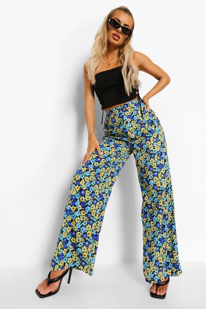 Womens Ditsy Floral Woven Wide Leg Trousers - Black - 6, Black