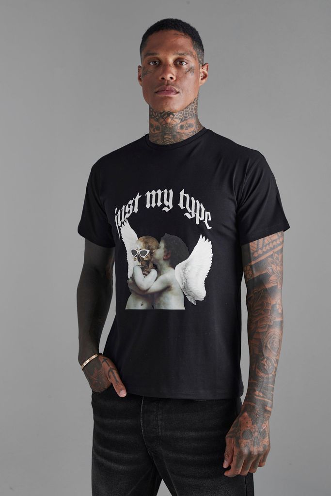 Men's Slim Fit Embroidered Cherub Graphic T-Shirt - Black - L, Black