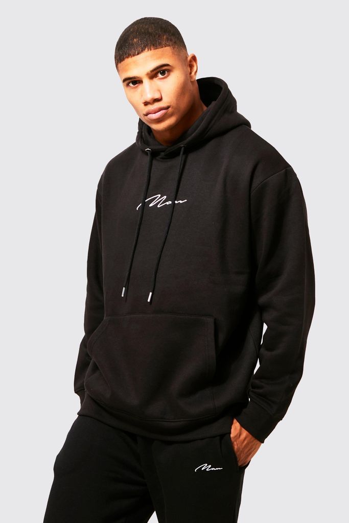 Men's Man Signature Over The Head Hoodie - Black - S, Black