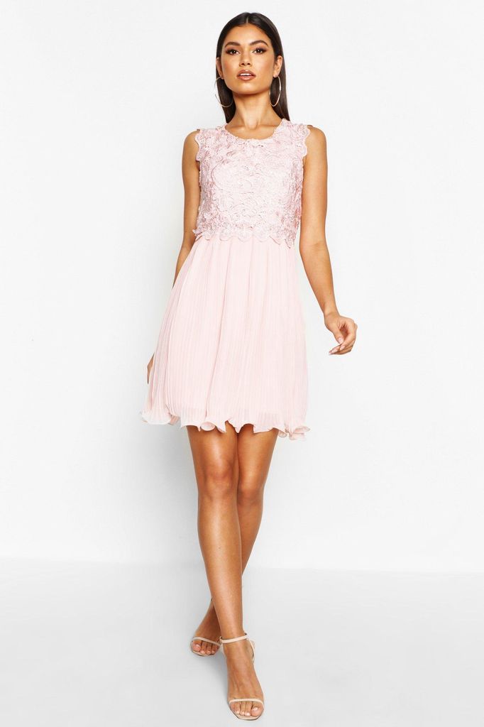 Womens Boutique Corded Lace Pleated Skater Dress - Pink - 16, Pink