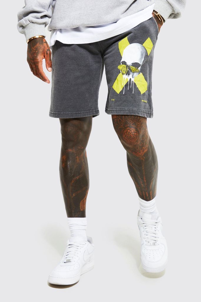 Men's Slim Fit Overdyed Graphic Jersey Shorts - Grey - L, Grey