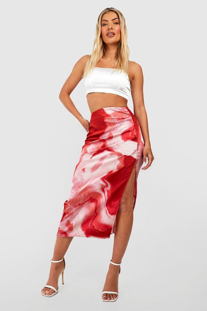 Womens Marble Print Split Satin Midi Skirt - Pink - 6, Pink