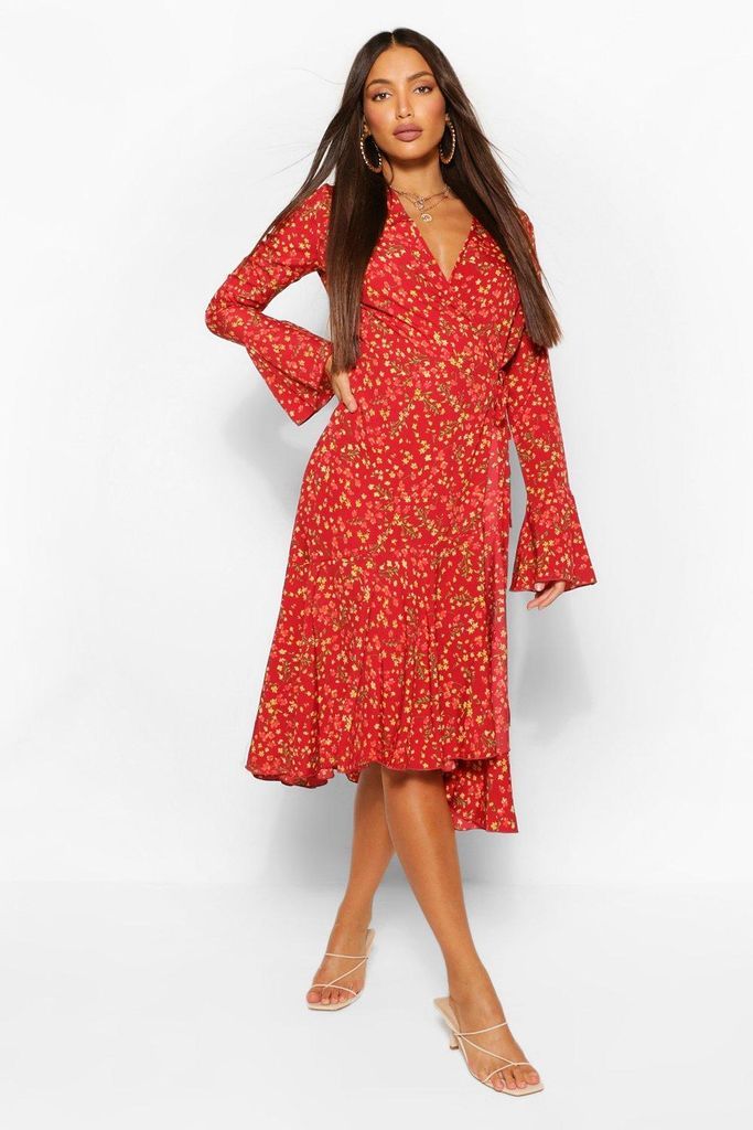 Womens Tall Floral Print Wrap Midi Dress - Red - 8, Red