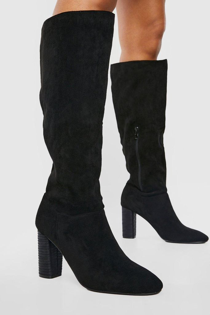 Womens Block Wooden Heel Knee High Boots - Black - 8, Black