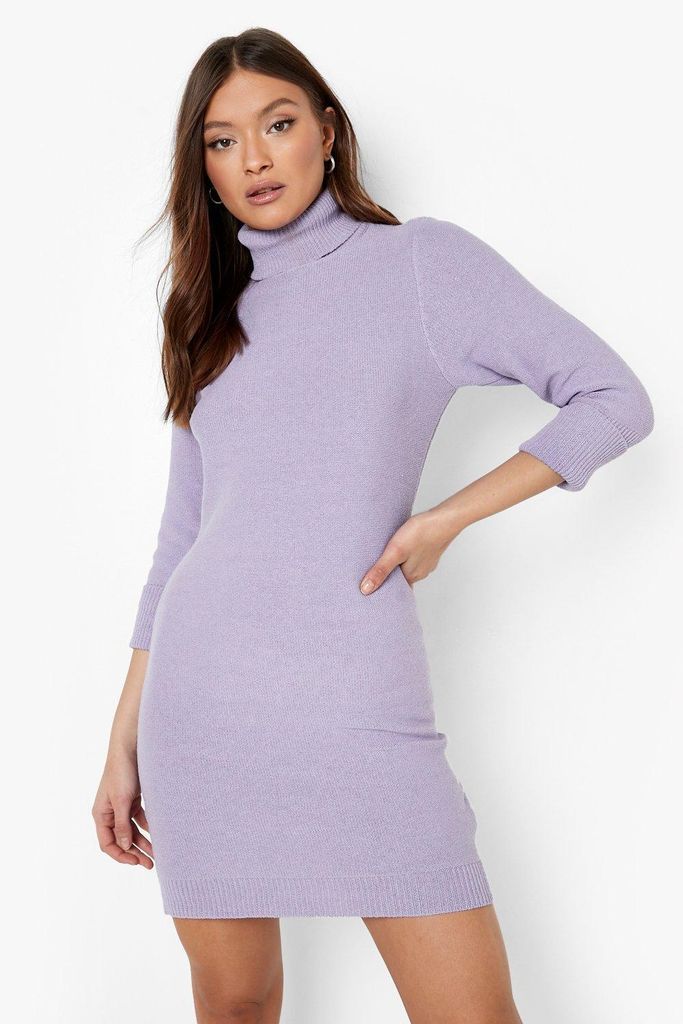 Womens Roll Neck Knitted Mini Dress - Purple - M, Purple