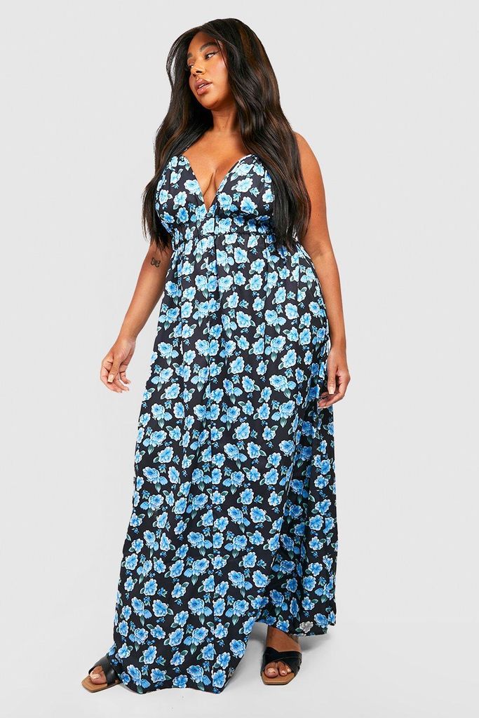 Womens Plus Floral Strappy Plunge Maxi Dress - Blue - 16, Blue