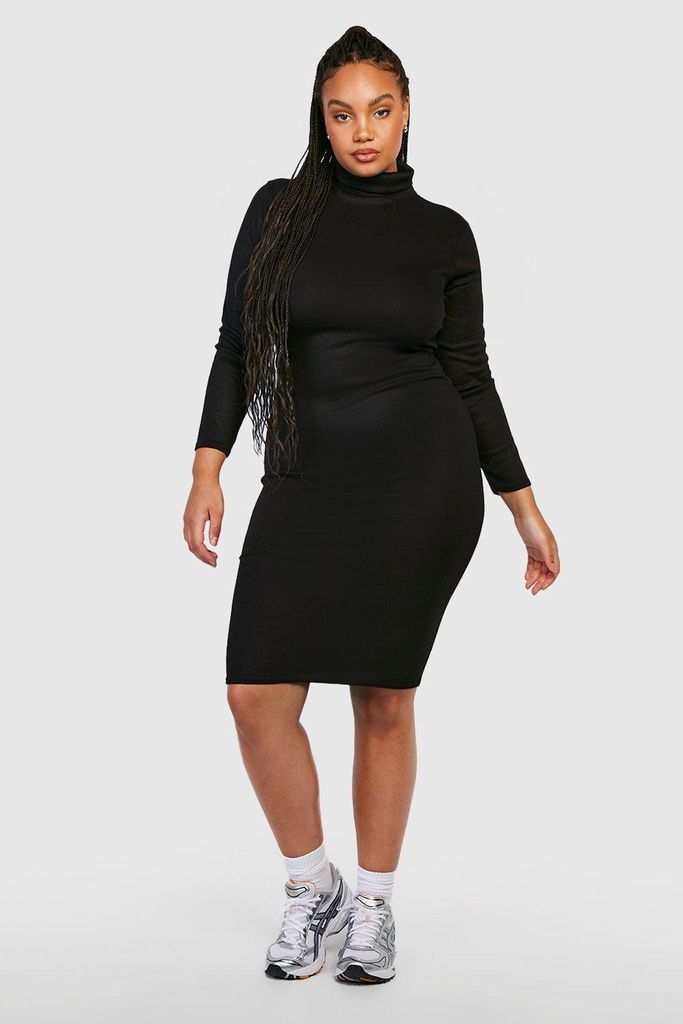 Womens Plus Rib Funnel Neck Midi Dress - Black - 16, Black