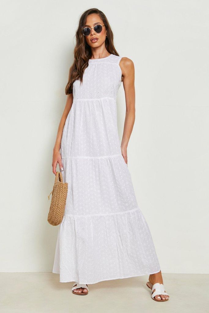 Womens Broderie Tiered Wide Maxi Dress - White - 8, White