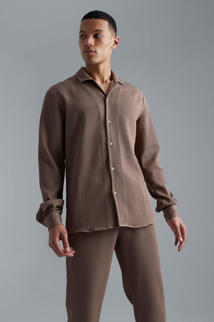 Men's Tall Long Sleeve Oversized Revere Pleated Shirt - Brown - L, Brown