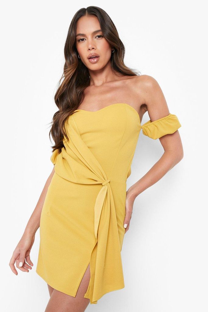 Womens Puff Sleeve Drape Detail Mini Dress - Yellow - 12, Yellow
